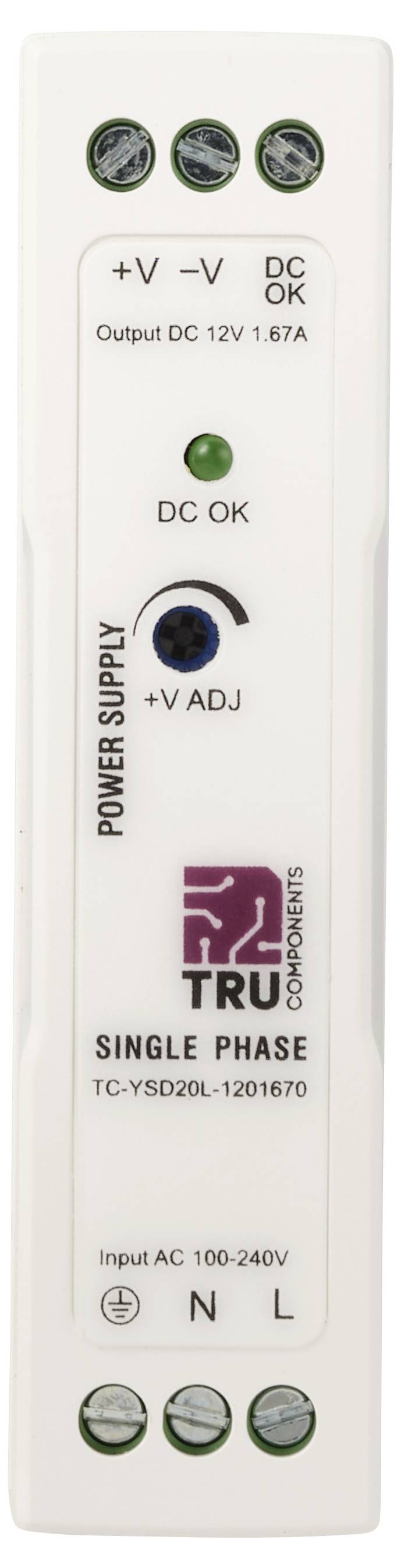 Eenfase-voedingsmodule gemarkeerd TRU Components, met DC OK-indicator, +V regelingsbesturing, en AC in-/uitgangsaansluitingen.