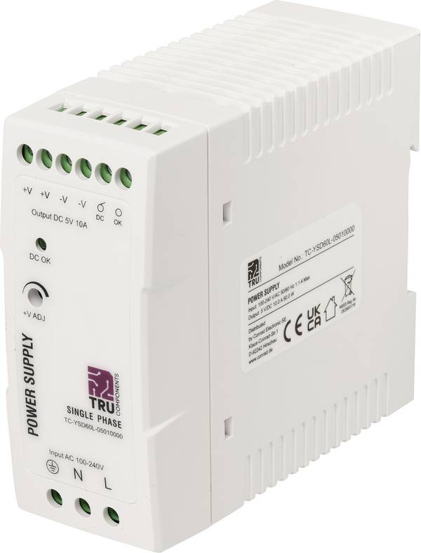 TRU COMPONENTS TC-14382300 DIN-rail netvoeding Verbruik (stand-by) 1 W 5 V/DC 10 A 50 W Aantal uitgangen:1 x  Inhoud 1 stuk(s)