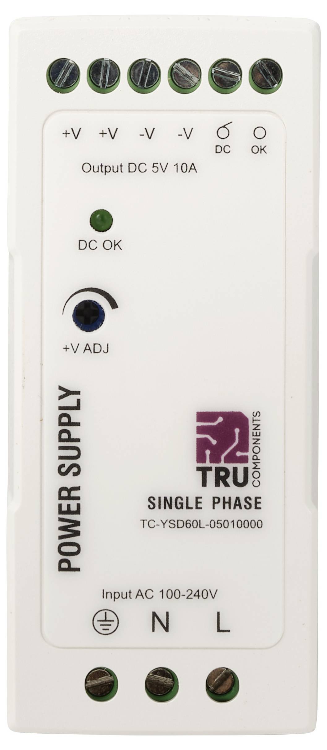Foto van een TRU Components 'VOEDING' module gelabeld 'Output DC 5V 10A' en 'Input AC 100-240V,' met regelknop en DC OK indicator.