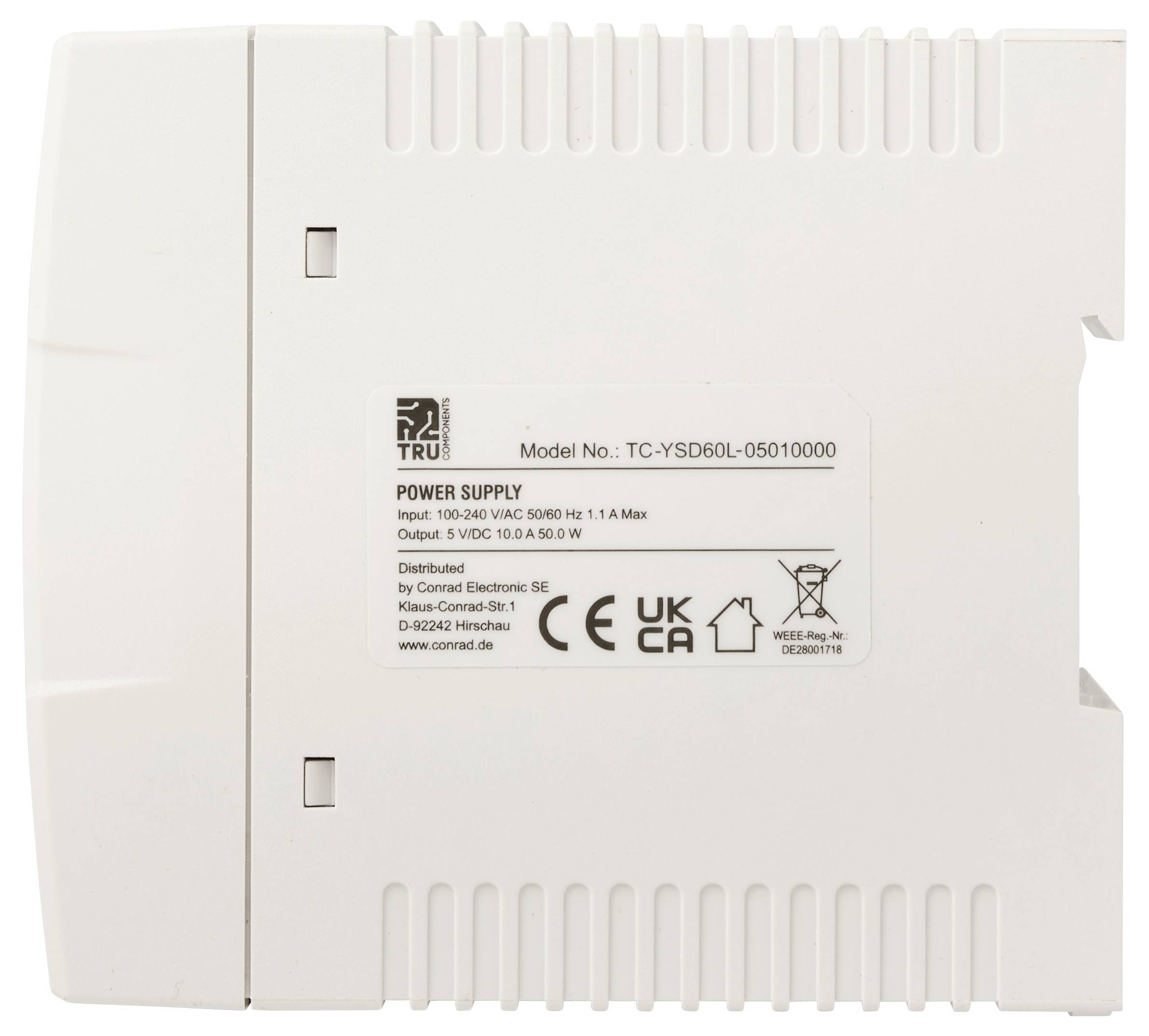 Witte TRU voedingseenheid met etiket met modelaanduiding TC-YSD60L-05010000 en specificaties voor ingang/uitgang.