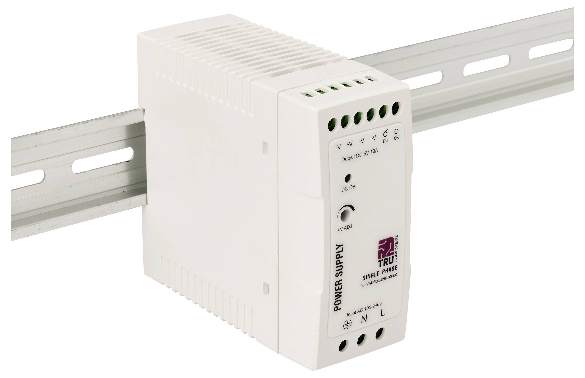 DIN-rail gemonteerde voedingseenheid met frontaansluitingen en statusindicatoren, weergegeven op een metalen rail tegen een witte achtergrond.