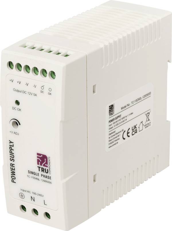 TRU COMPONENTS TC-14382304 DIN-rail netvoeding Verbruik (stand-by) 0.7 W 12 V/DC 5 A 60 W Aantal uitgangen:1 x  Inhoud 1 stuk(s)
