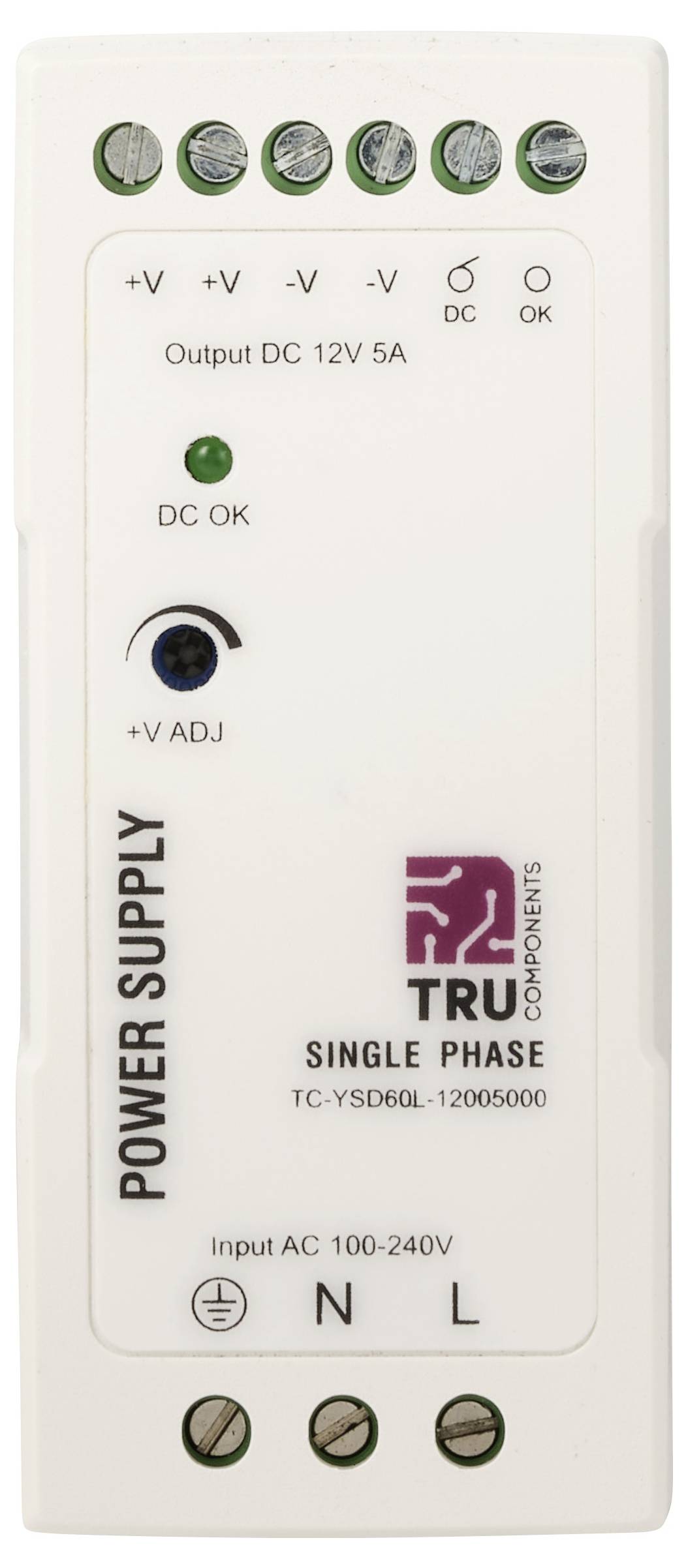 Witte eenfase voedingsmodule met schroefklemmen en labels voor ingangsspanning AC 100-240V, uitgangsspanning DC 12V 5A, en regelbesturing.