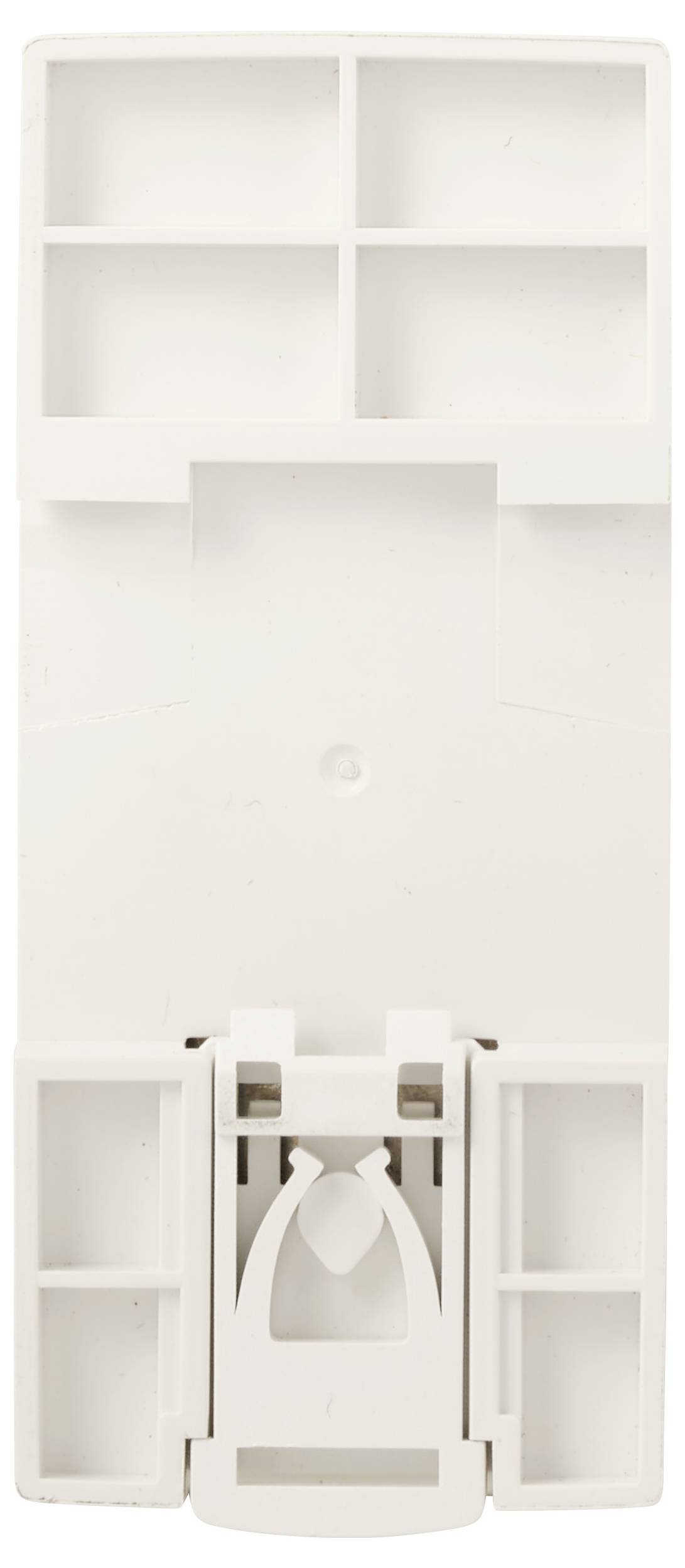 Witte kunststof aan de wand bevestigde dispenser of organizer met vier bovenste vakken en een centraal onderliggend houdersmechanisme.