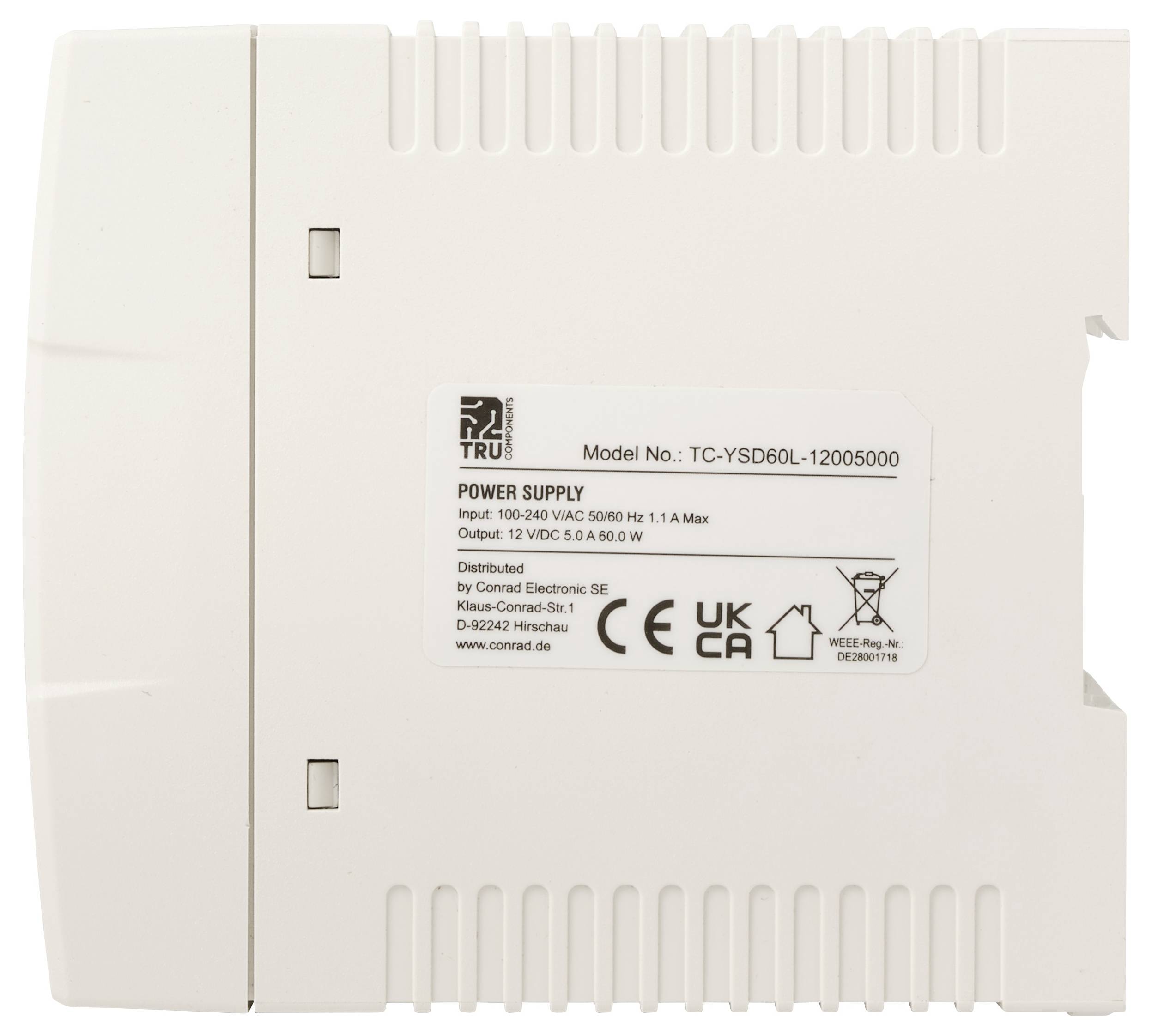 Witte elektronische voeding met etiket met modelaanduiding TC-YSD60L-12005000, ingang 100-240V AC en uitgang 12V DC 5A 60W.
