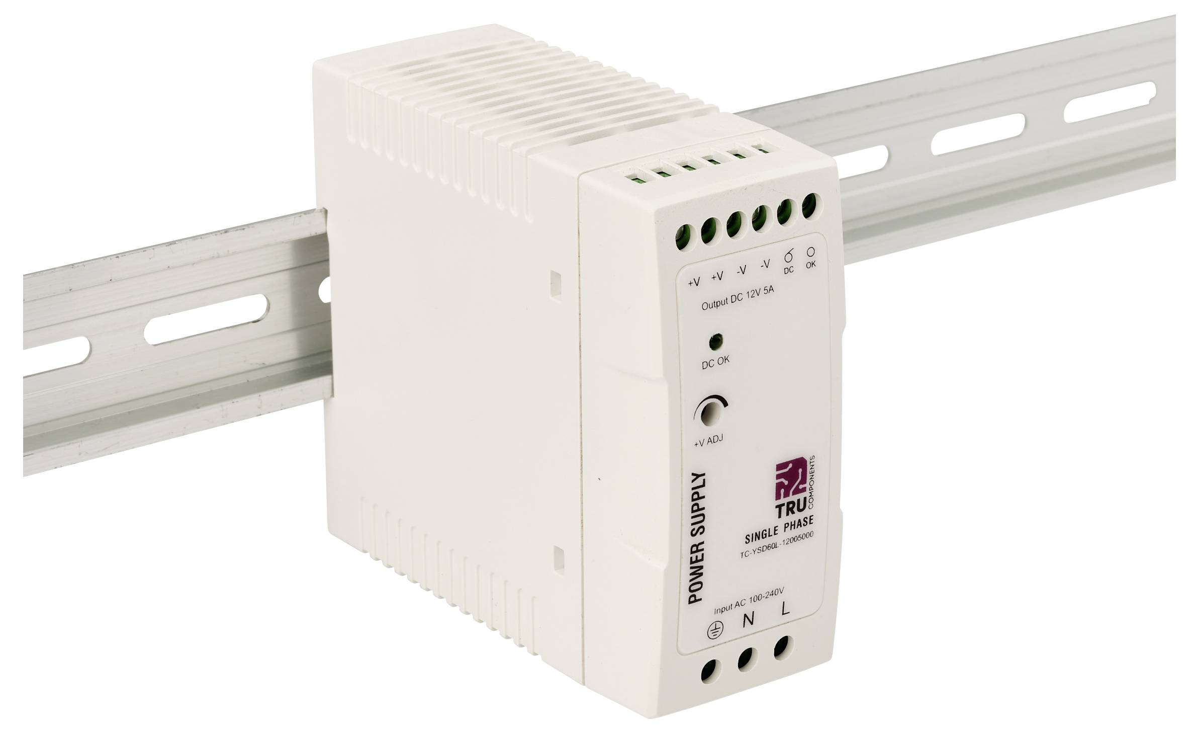 DIN-rail gemonteerde Trumeter eenfase voedingseenheid met voorpaneel-statusindicatoren en aansluitklemmen.
