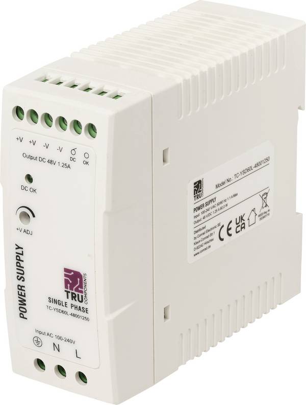 TRU COMPONENTS TC-14382308 DIN-rail netvoeding Verbruik (stand-by) 0.8 W 48 V/DC 1.25 A 60 W Aantal uitgangen:1 x  Inhoud 1 stuk(s)