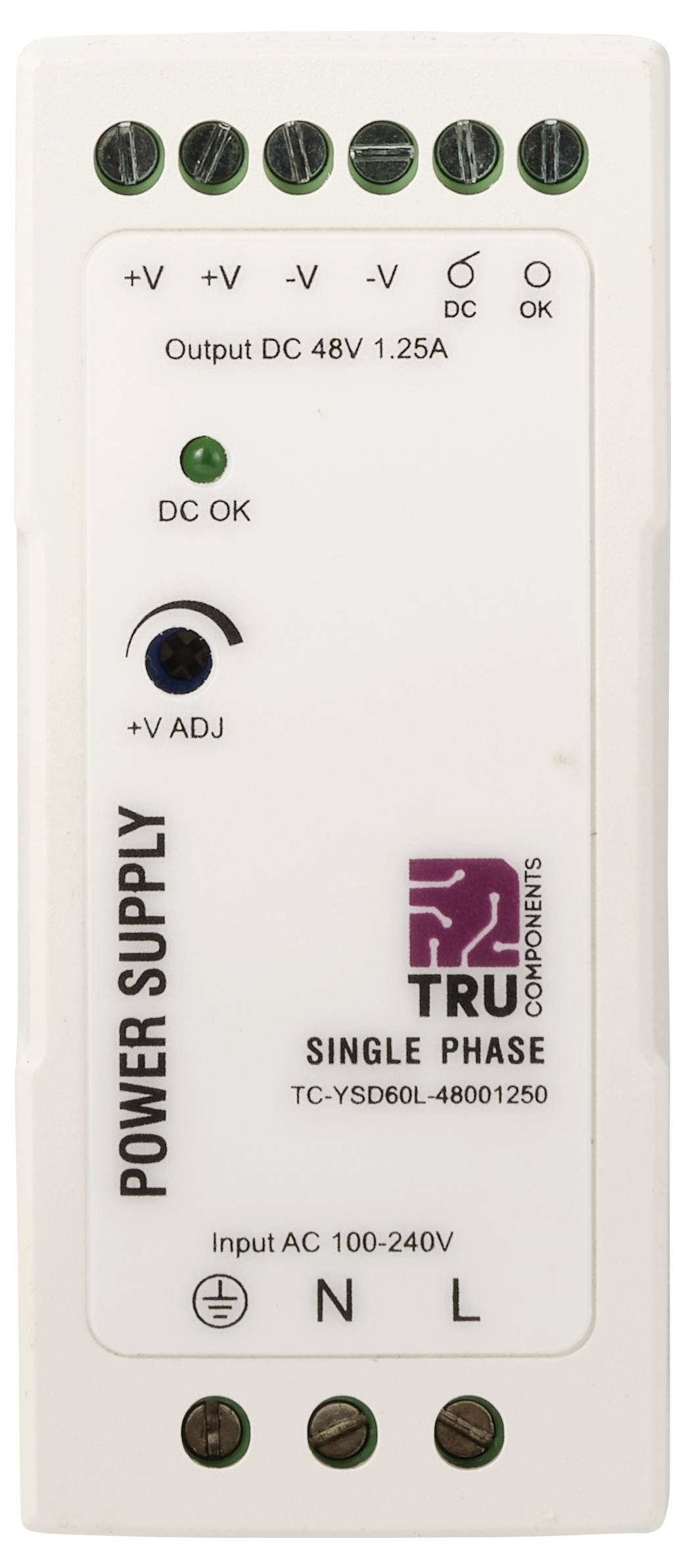 Witte TRU Components eenfase voeding met aansluitklemmen voor AC-ingang en DC 48V 1,25A uitgang, plus spanningsaanpassing en DC OK indicator.