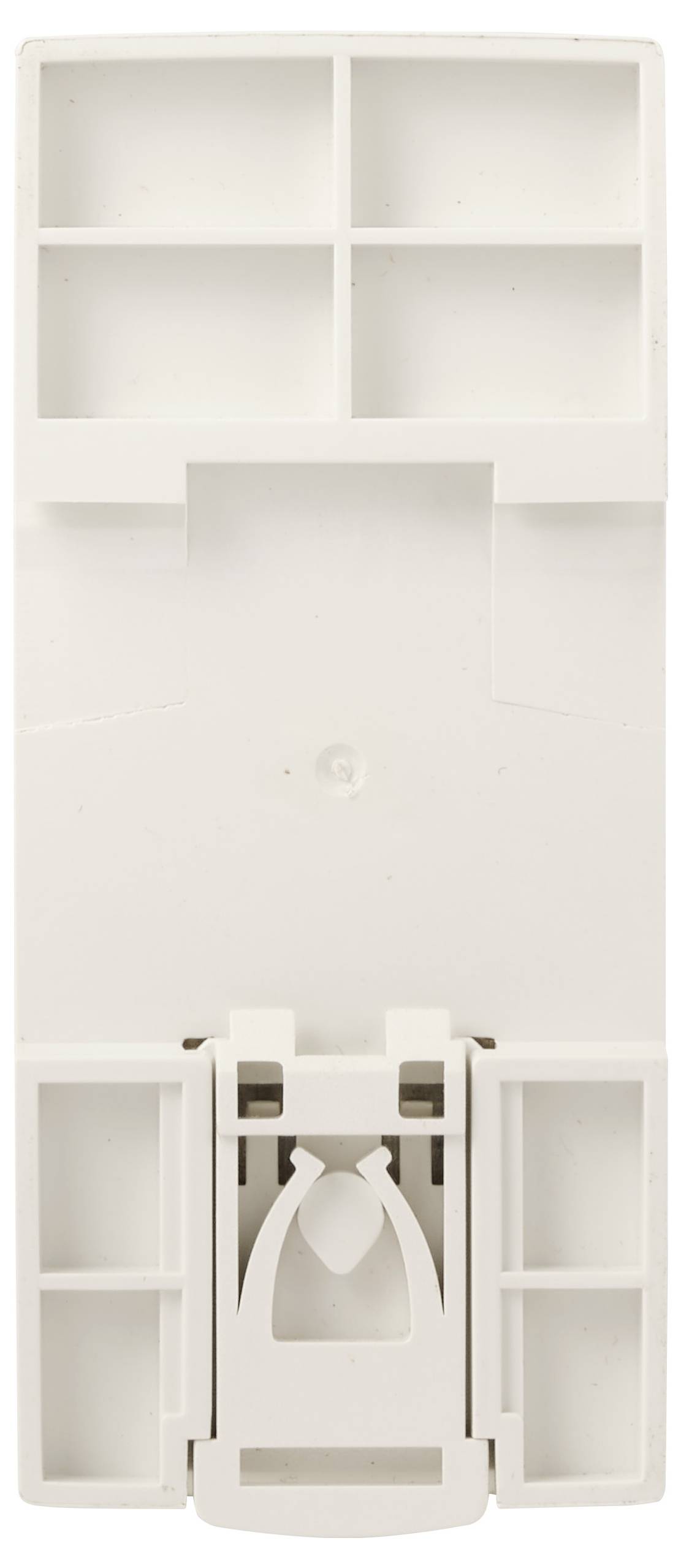 Witte kunststof montagebeugel of wandplaat met vier bovenste vakken en een centrale vergrendelingsklem aan de onderkant.