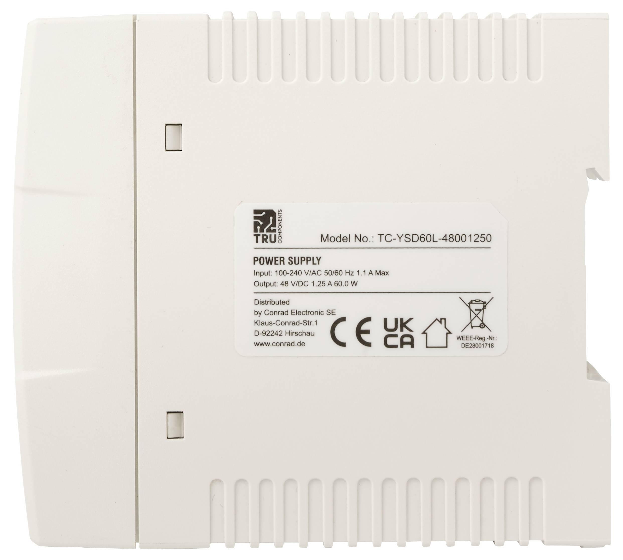 Witte elektrische voedingseenheid met label met modeltype TC-YS60L-48001250 en uitgang 48V DC, 1,25A, 60W.