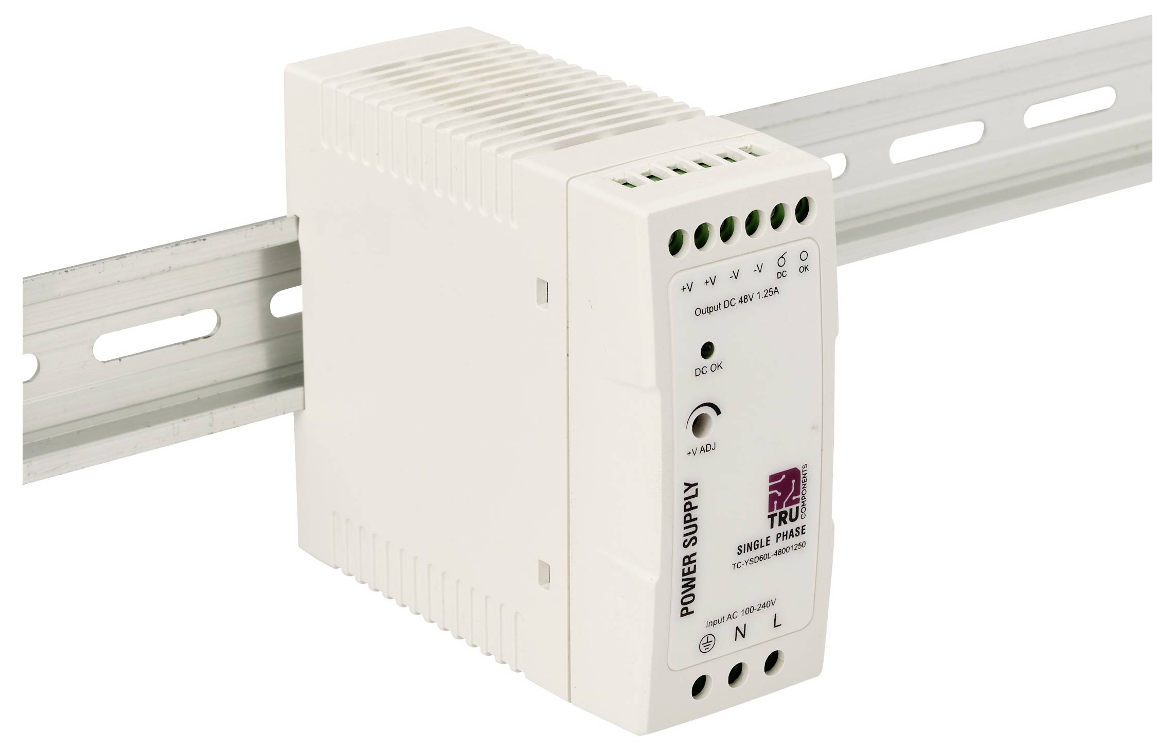 DIN-rail gemonteerde DC-voedingsmodule met statuslampjes aan de voorkant en regelknop, geïsoleerd op witte achtergrond weergegeven.