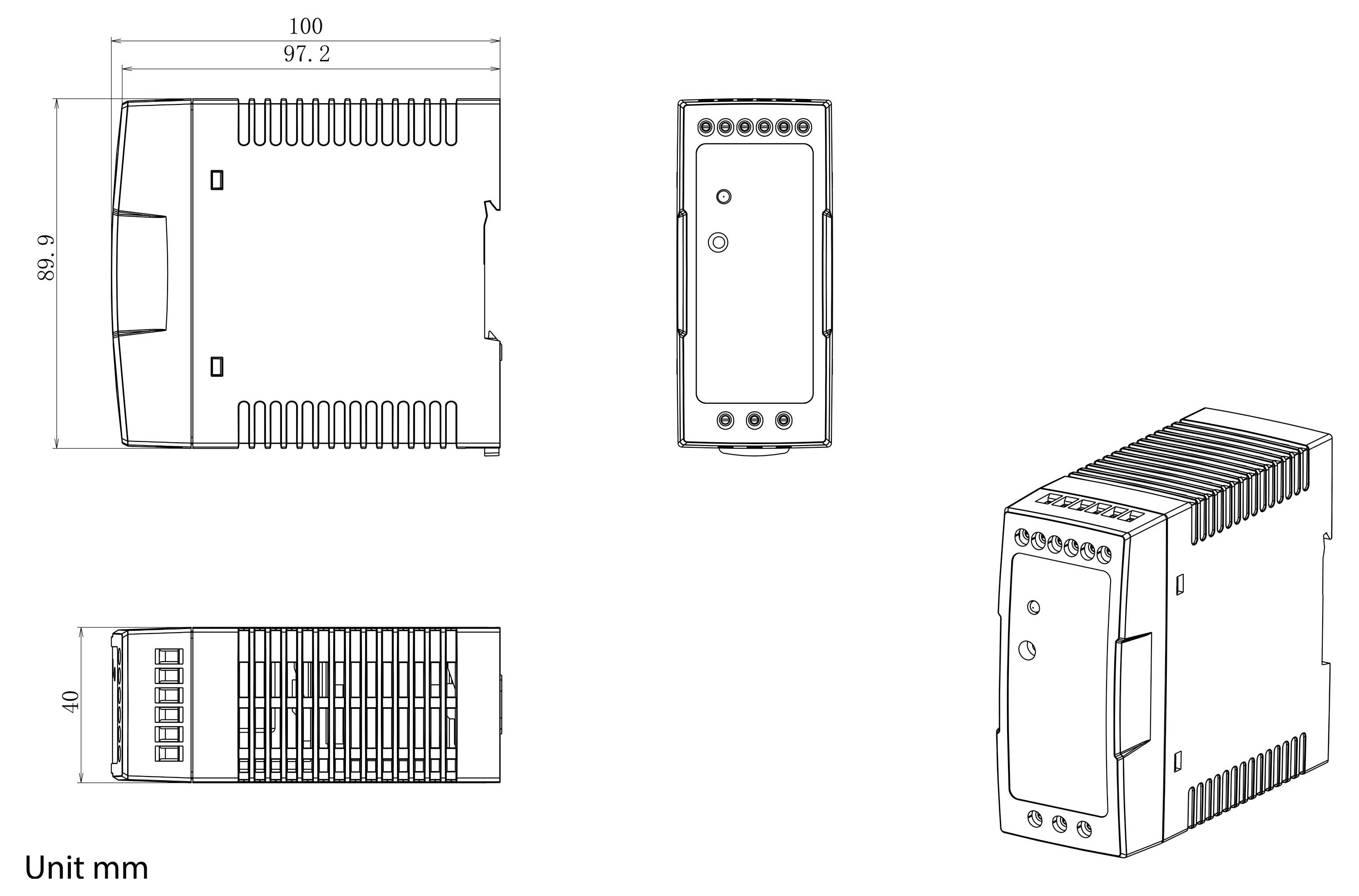 Technische tekening van een rechthoekige elektronische module weergegeven in voor-, zijkant-, bovenaanzicht en perspectiefweergaven met afmetingen in millimeters: 100 breed, 89,9 hoog, 40 diep.