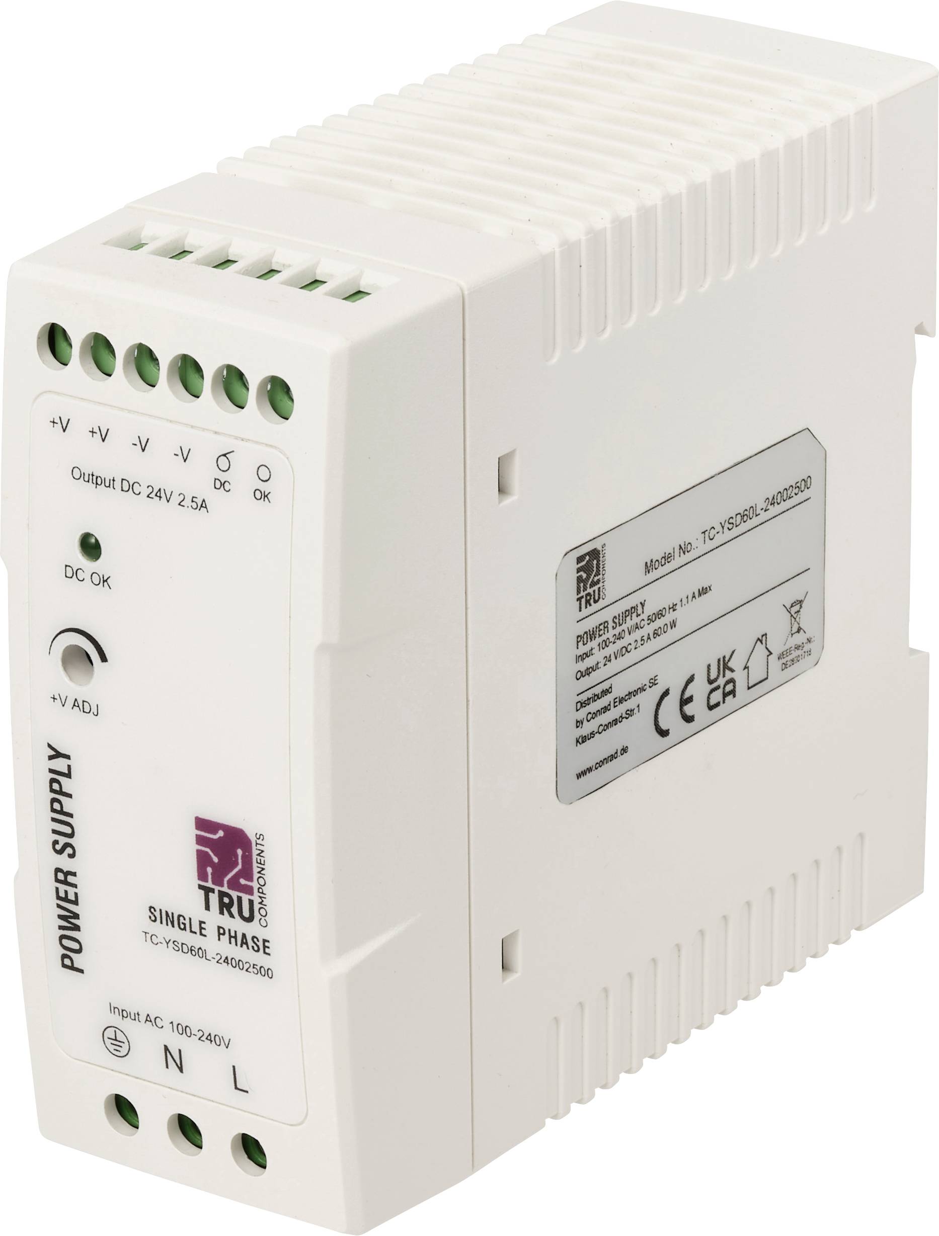 DIN-rail wisselstroom-naar-gelijkstroom voedingsmodule met aansluitingslabels, status-LED's en zijproductlabel
