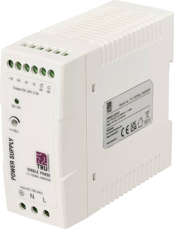 TRU COMPONENTS TC-14382312 DIN-rail netvoeding Verbruik (stand-by) 0.7 W 24 V/DC 2.5 A 60 W Aantal uitgangen:1 x  Inhoud 1 stuk(s)