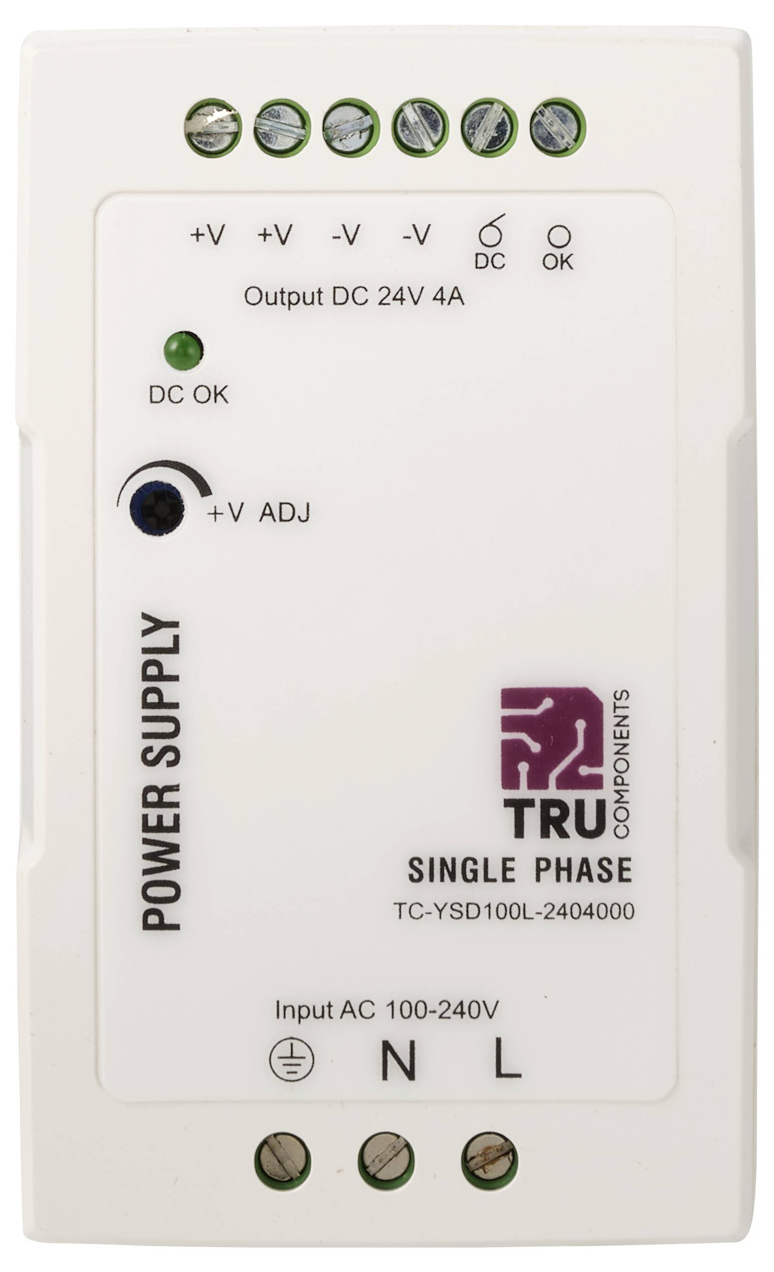 Eenfase voedingskast met label "Output DC 24V 4A" en "Input AC 100-240V," met status-LED en spanningsregelknop.