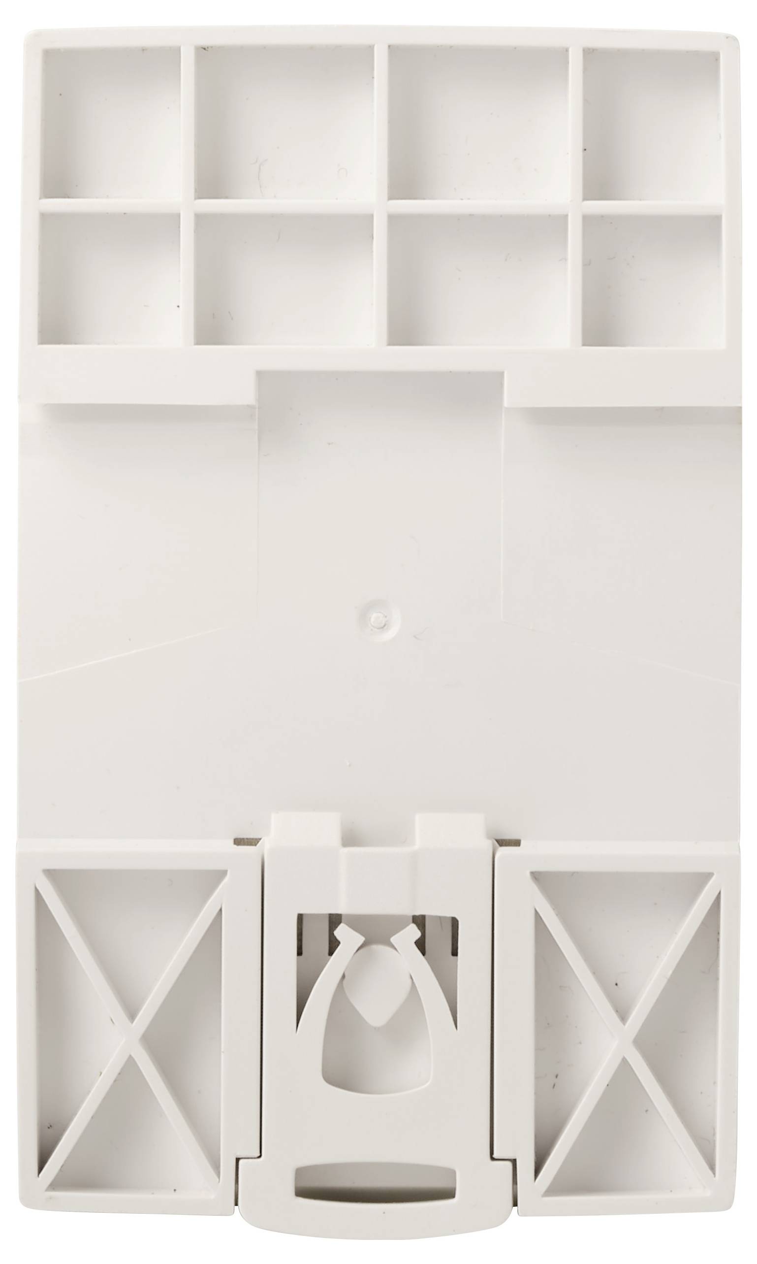 Witte plastic organizer met meerdere kleine compartimenten aan de bovenkant, een groot centraal paneel, en twee onderste zijdeuren, weergegeven gesloten tegen een effen achtergrond