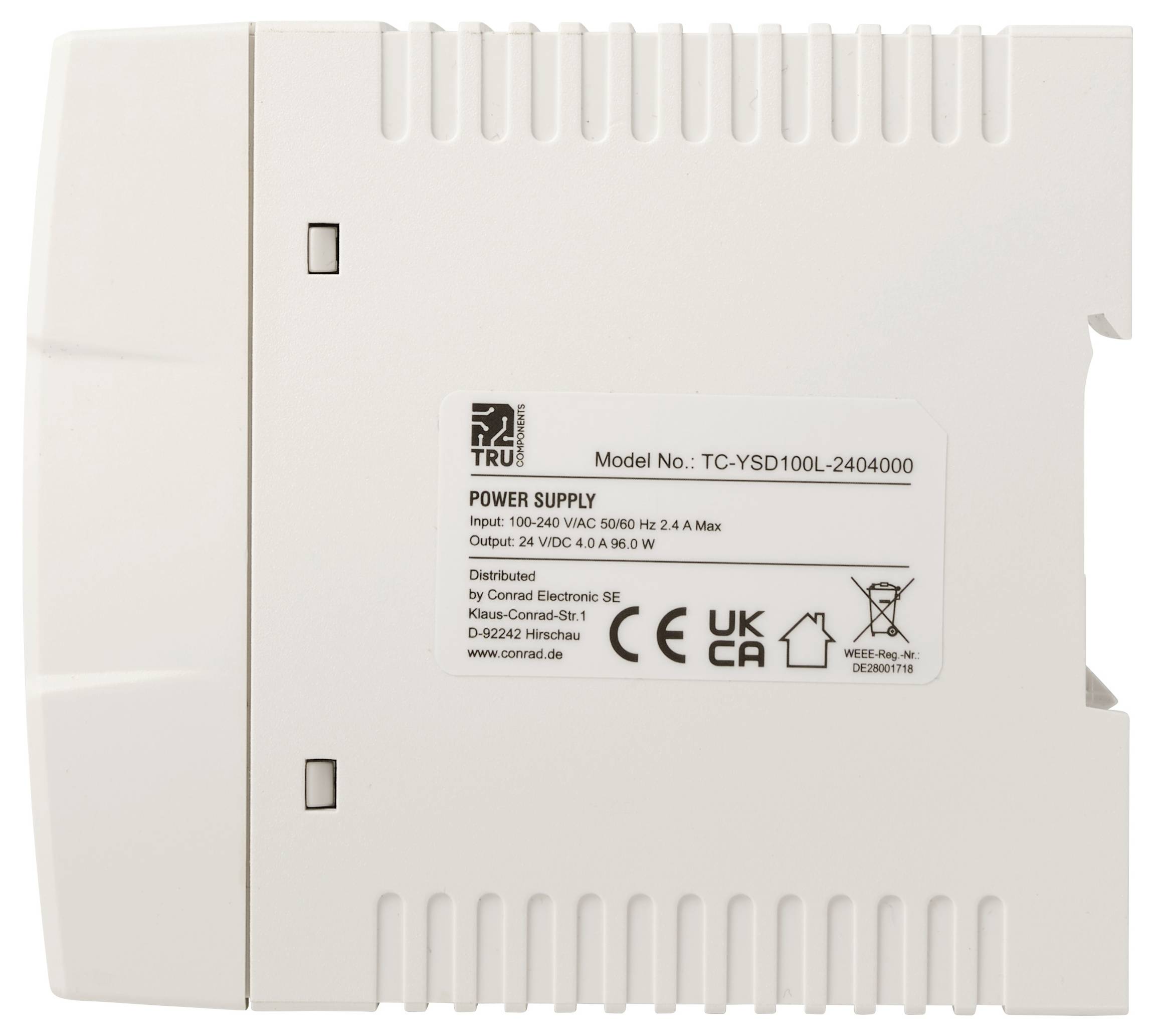 Witte voeding voor elektriciteit met etiket dat model TC-YSD100L-2404000 en 24 VDC uitgang aangeeft.