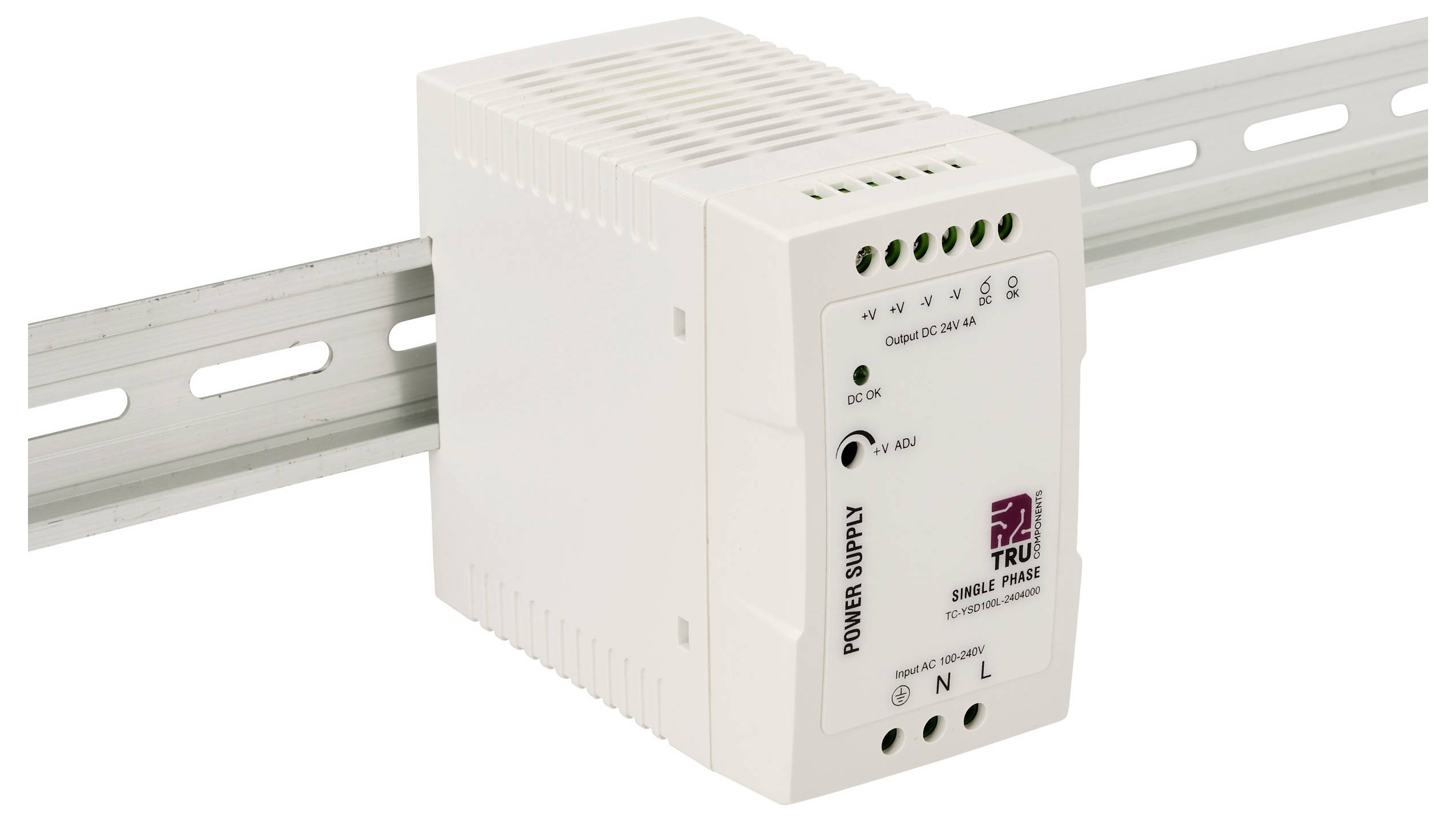 DIN-rail gemonteerde eenfase voedingsmodule met status-LED's en aansluitingslabels op een witte achtergrond.