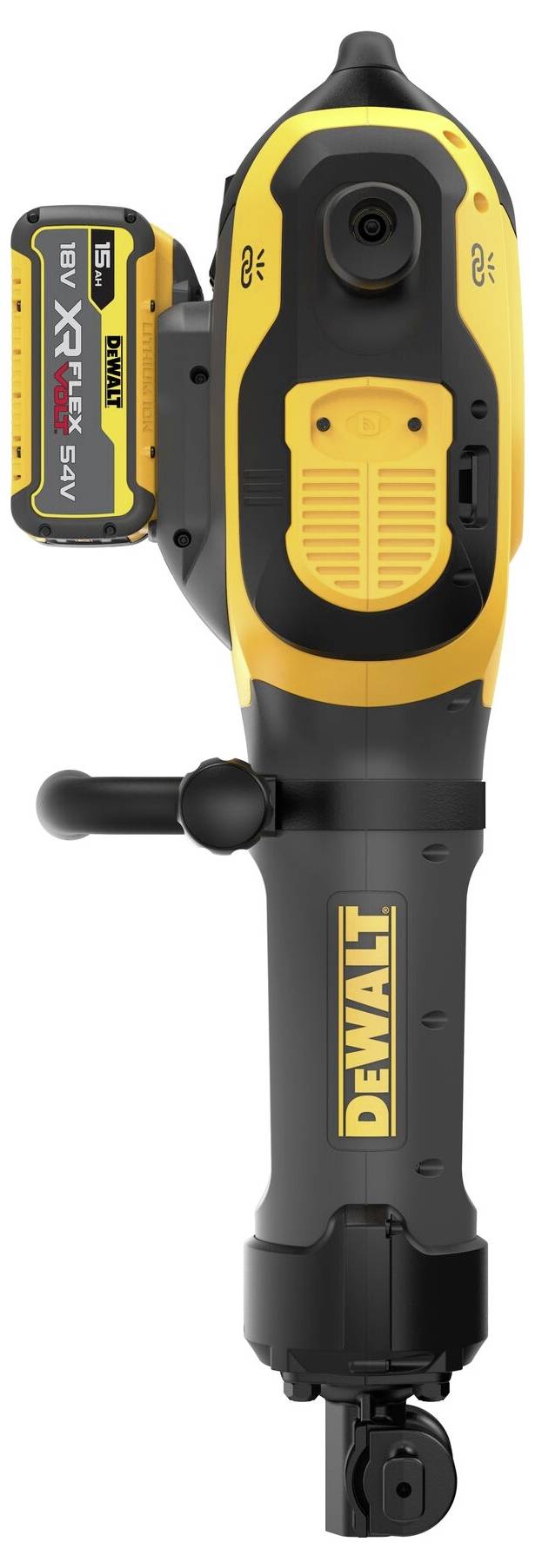 Een draadloze, geel en zwart DeWalt elektrisch gereedschap met een accu eraan bevestigd, ontworpen voor mechanisch of constructiewerk, met het merklogo zichtbaar.