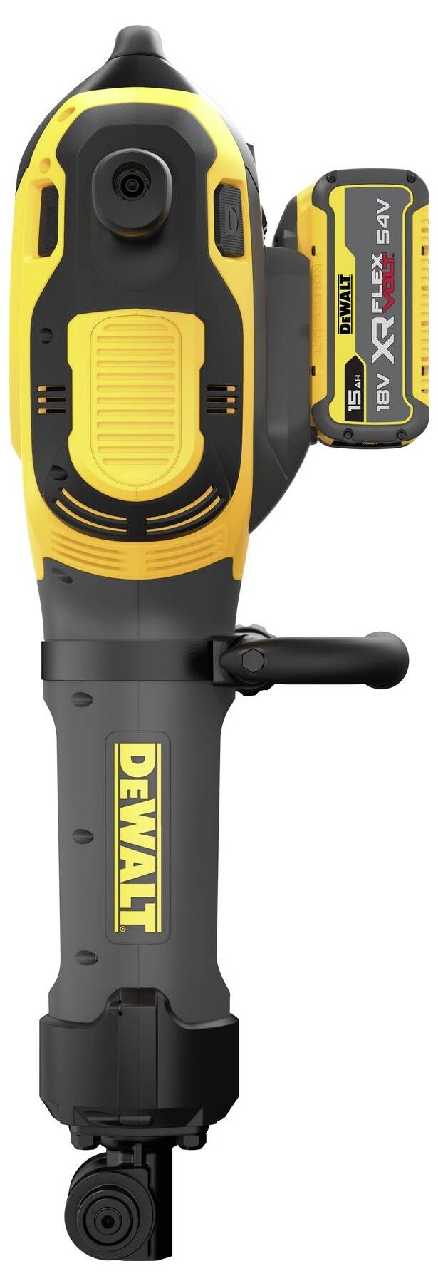 'DEWALT' draadloze haakse boor in zwart en geel, met een accu aangesloten, ontworpen voor krappe ruimten en efficiënt boren.