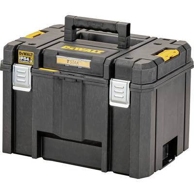 Zwarte DeWalt TSTAK gereedschapskist met handvat, metalen sluitingen en gele merkmarkering, ontworpen voor het vervoeren en organiseren van gereedschappen.