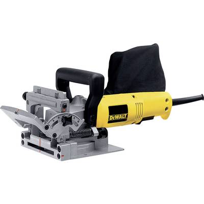 Een geel en zwart DeWalt plaatverbinder met een stofzak, gebruikt voor het snijden van sleuven in hout voor koekjesvoeging.