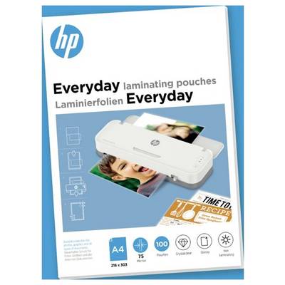 'HP Everyday lamineerhoes' verpakking met een lamineermachine en glanzende foto's, pictogrammen voor A4-formaat, dikte van 75 micrometer, en 100 hoezen.