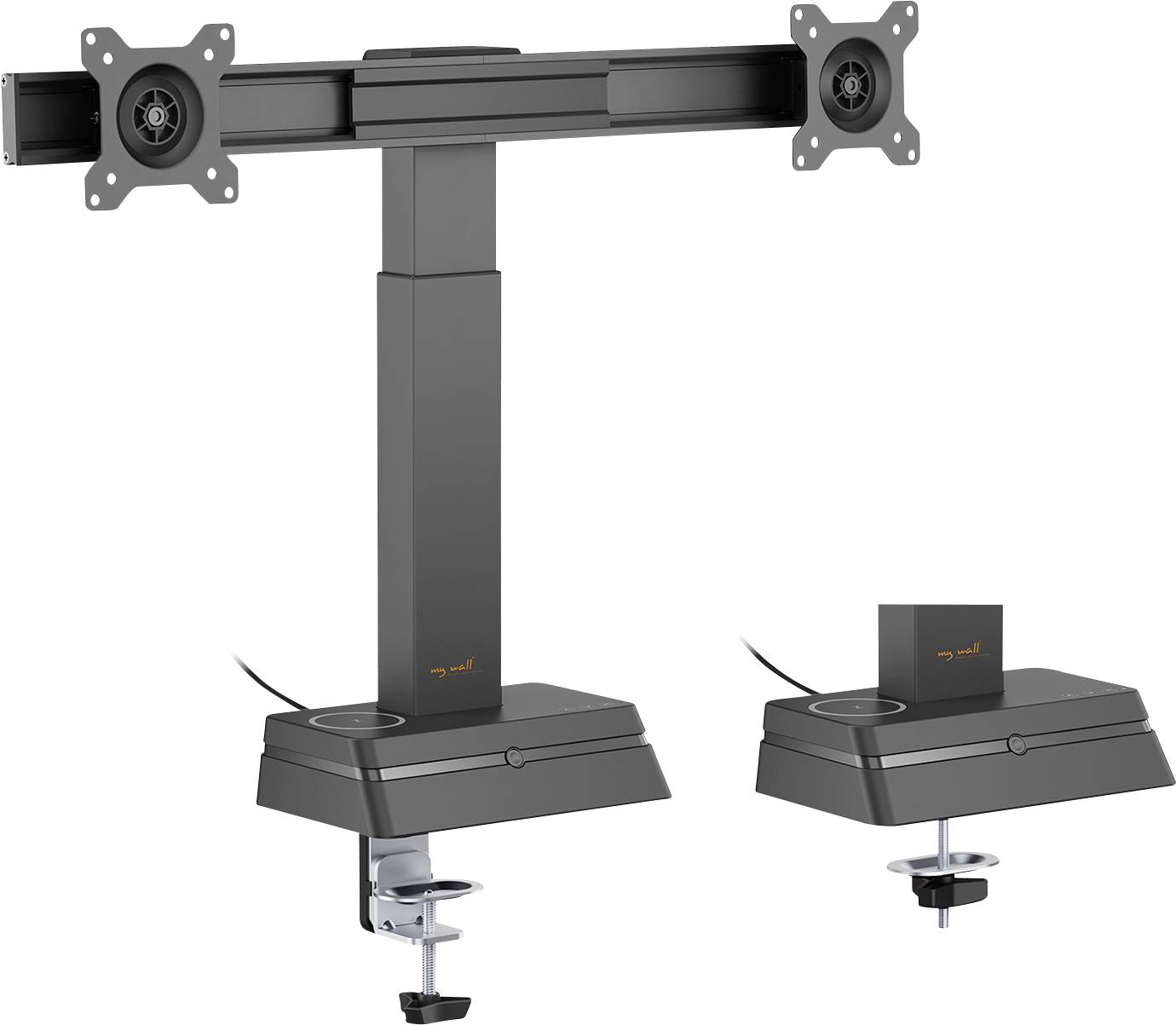 Dual monitorbureau-montage met verstelbare armen voor twee schermen, met stevige klemmen voor bevestiging aan het bureau.