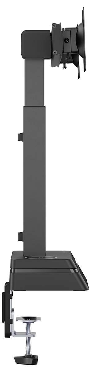 Zijaanzicht van een zwarte verstelbare monitorarm met een klem voor montagging op het bureaublad.