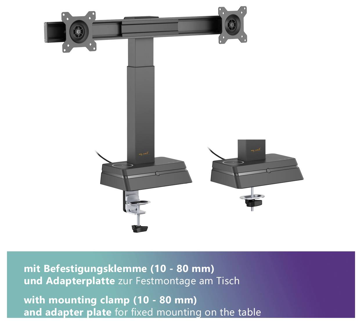 Monitorarmen voor montage, met bevestigingsklem (10 - 80 mm) en adapterplaat voor veilige tafelbevestiging. Inclusief montagefeatures.