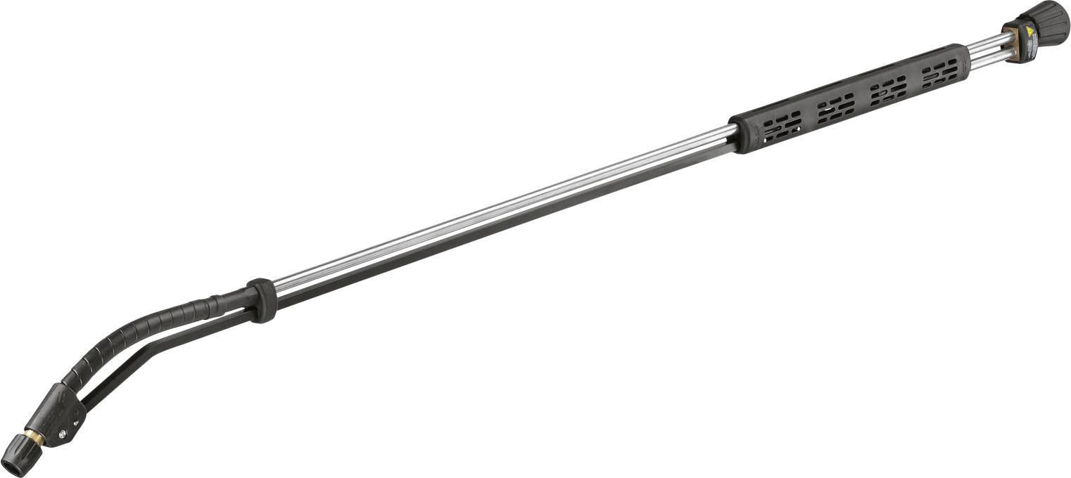 Een lange metalen verlengstang voor een hogedrukspuit, voorzien van een gebogen spuitmond en zwart grijphandvat, gebruikt voor schoonmaken met vergreid bereik.