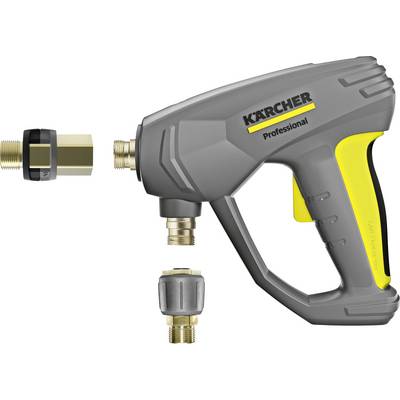 'Een Kärcher Professional hogedrukreiniger pistool met aangebrachte aansluitingen, met een grijs en geel design.'