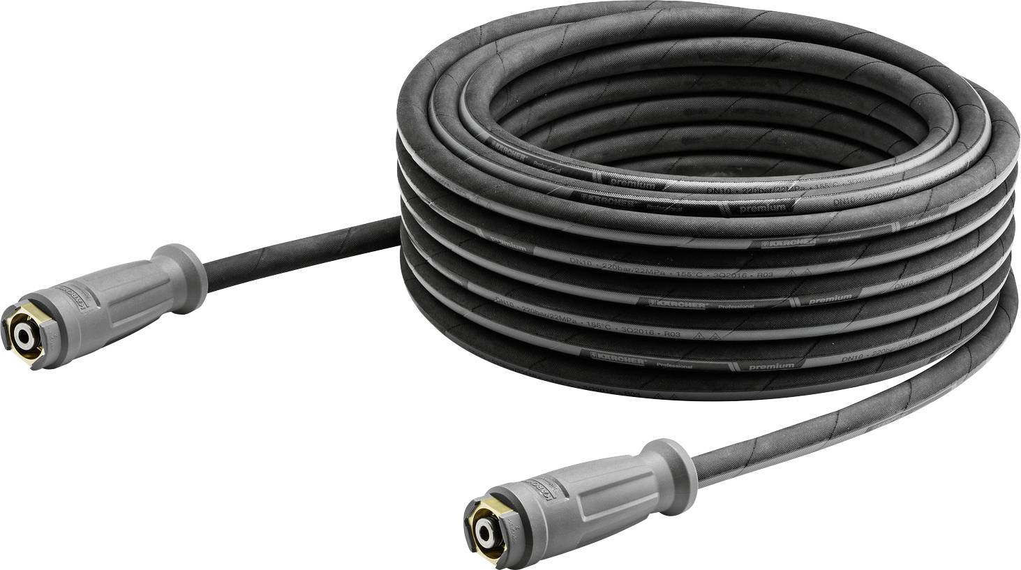 Een opgerolde zwarte hogedrukspuitslang met schroefdraadconnectoren aan beide uiteinden, ontworpen voor zware reinigingsstoelingen.