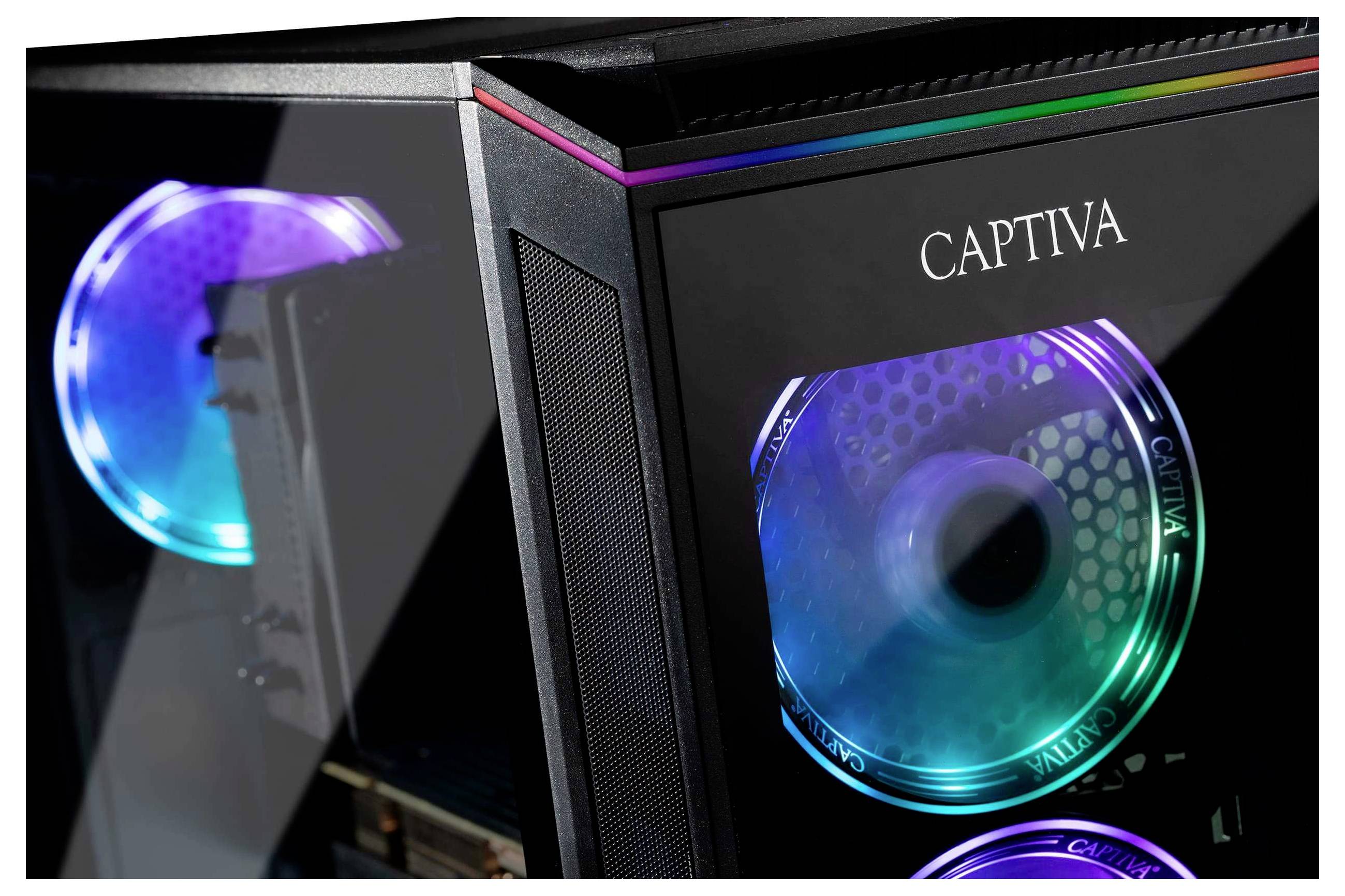 Een gaming-computertoren met gekleurde LED-ventilators en de merknaam 'CAPTIVA' op het frontpaneel.
