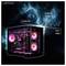 Een gaming-pc met gloeiende roze ventilatoren en binnenverlichting. Het heeft aansluitingen voor '1x USB 3.0', '2x USB 2.0', '1x Audio Jack', en een 'Reset Button'.