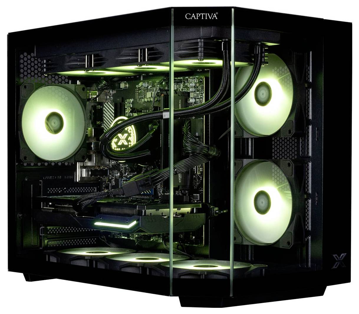 Moderne gaminglaptop met een doorzichtige behuizing, uitgerust met glowende groene interne componenten en meerdere koelingsventilators.