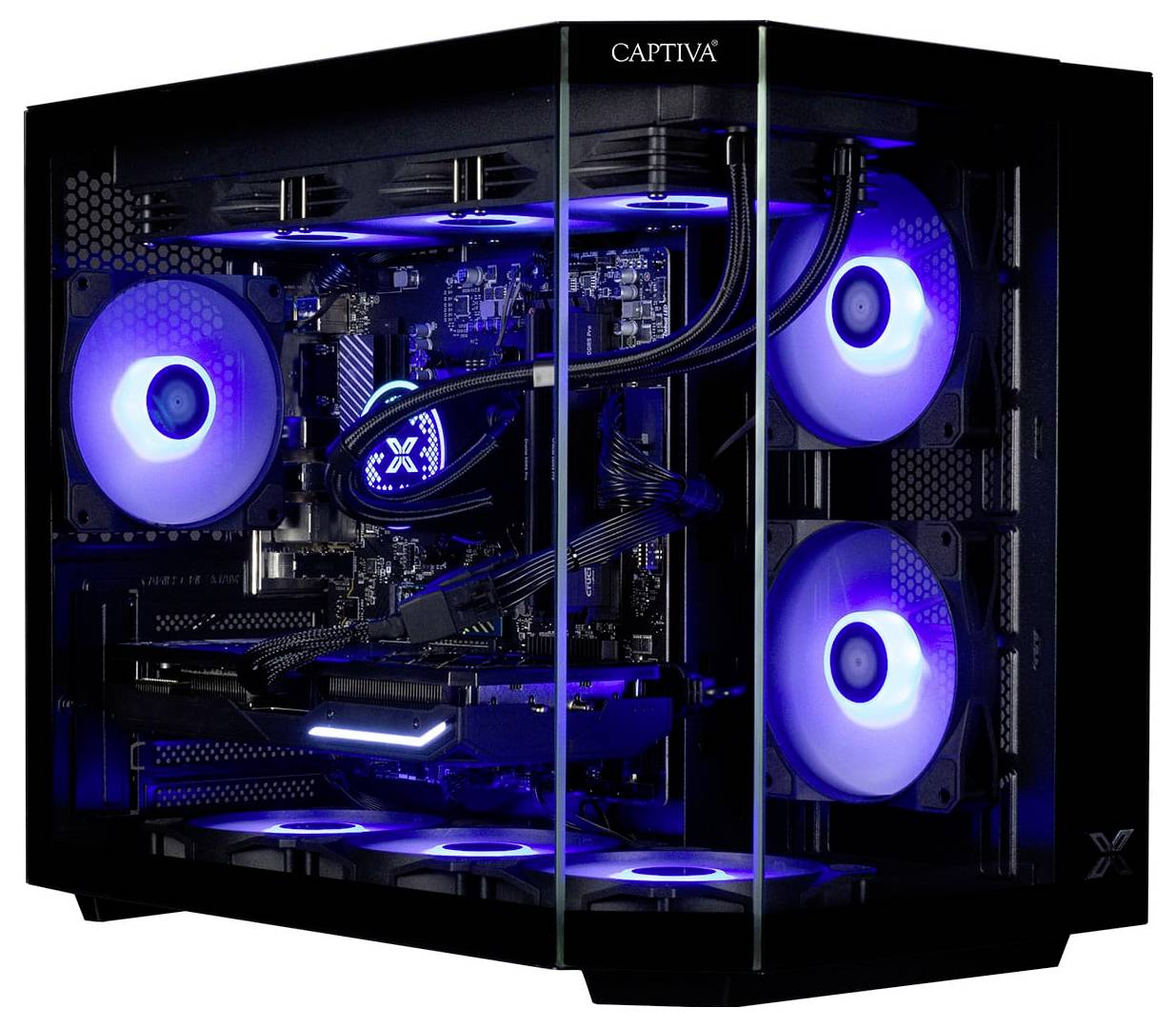 Een desktopcomputertoren met transparante panelen, waarop geïllumineerde interne componenten zichtbaar zijn, inclusief meerdere ventilatoren die oplichten in blauw licht.