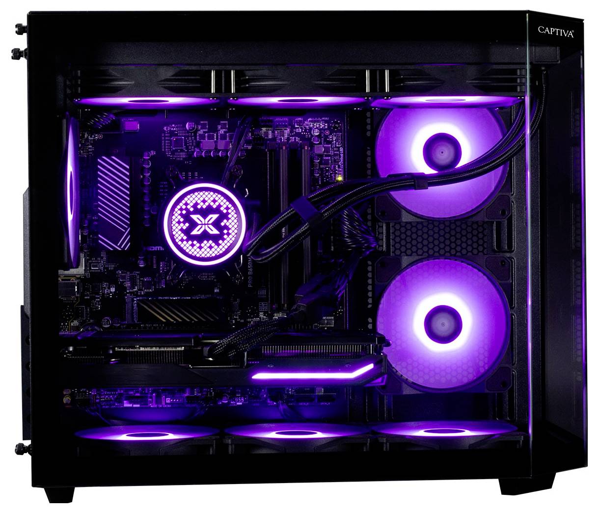 Een gaming desktop-pc met paarse LED-verlichting, met daarin componenten zoals ventilatoren, een grafische kaart en een vloeistofkoeler in een glazen behuizing.
