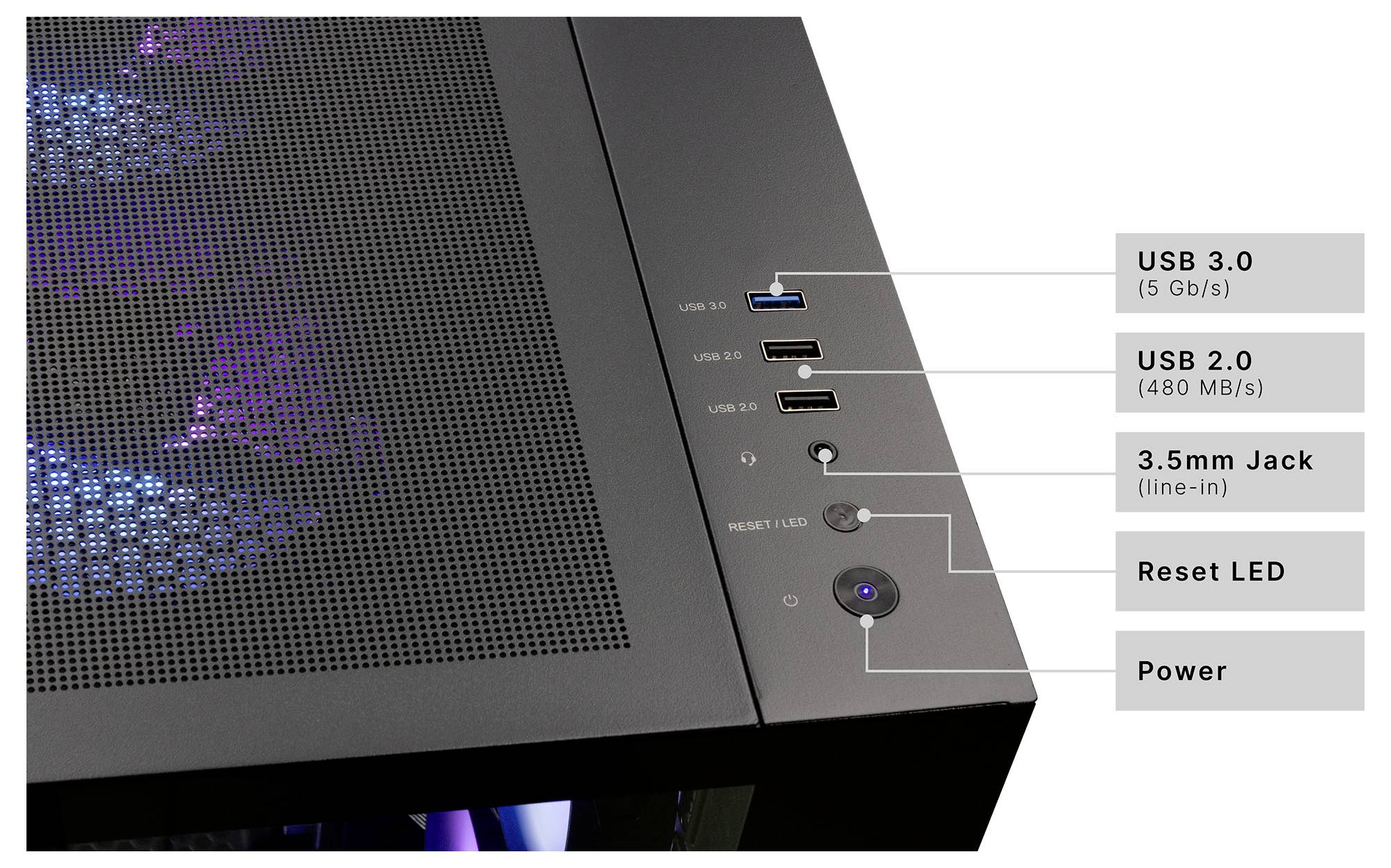 Frontpaneel van een computerbehuizing met poorten en knoppen. Inclusief USB 3.0, USB 2.0, 3,5mm-aansluiting, reset-LED en aan/uit-knop.