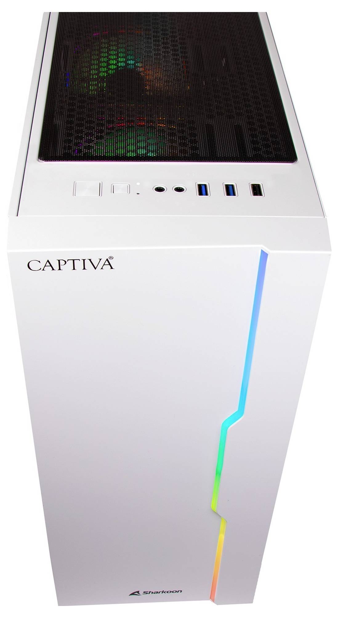 'Witte desktopcomputertower met gekleurde LED-lichtstrip aan de voorkant en ventilatie aan de bovenkant, merknaam Captiva zichtbaar aan de zijkant.'