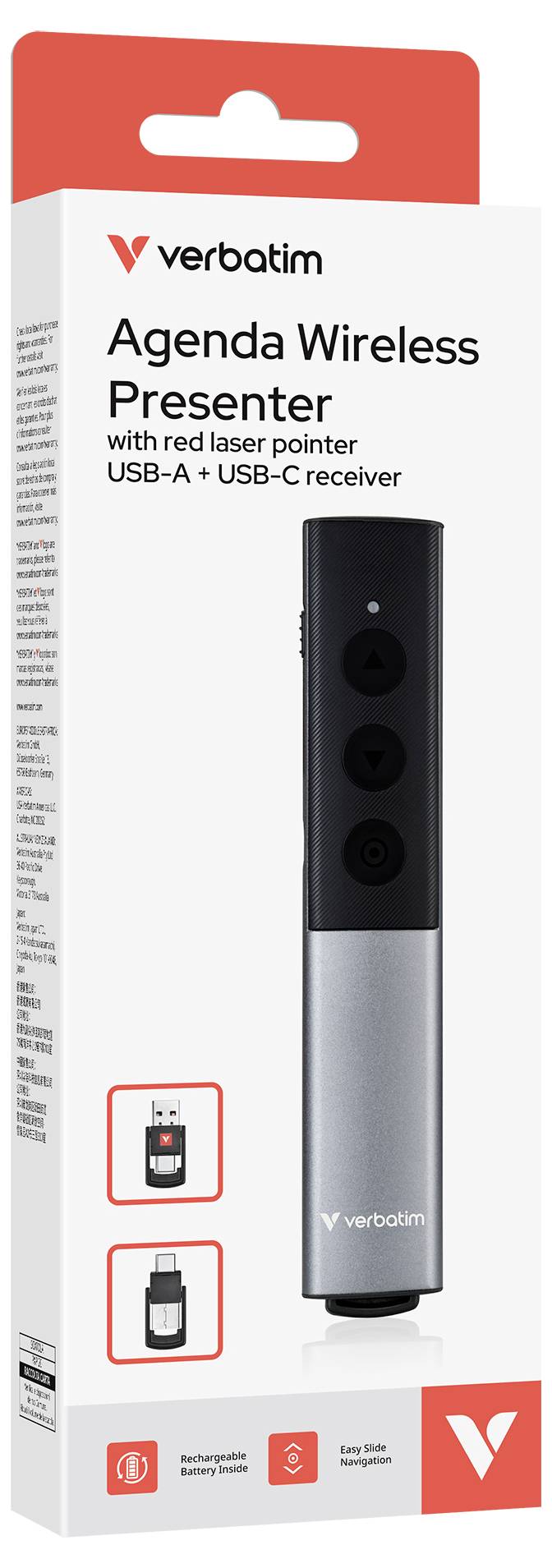 Verbatim Agenda Draadloze Presenter-doos met een zilver-zwarte afstandsbediening met rode laserpointer, USB-A en USB-C-ontvanger, en vier-knops bediening.