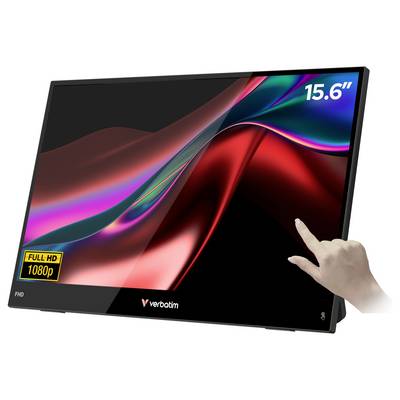 15,6-inch Verbatim draagbare monitor met Full HD 1080p display, afgebeeld met een hand die het scherm aanraakt.