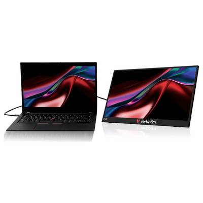 Twee laptopschermen naast elkaar tonen hetzelfde rode, zwarte en blaugroene abstracte achtergrond, met een kabel die ze met elkaar verbindt.