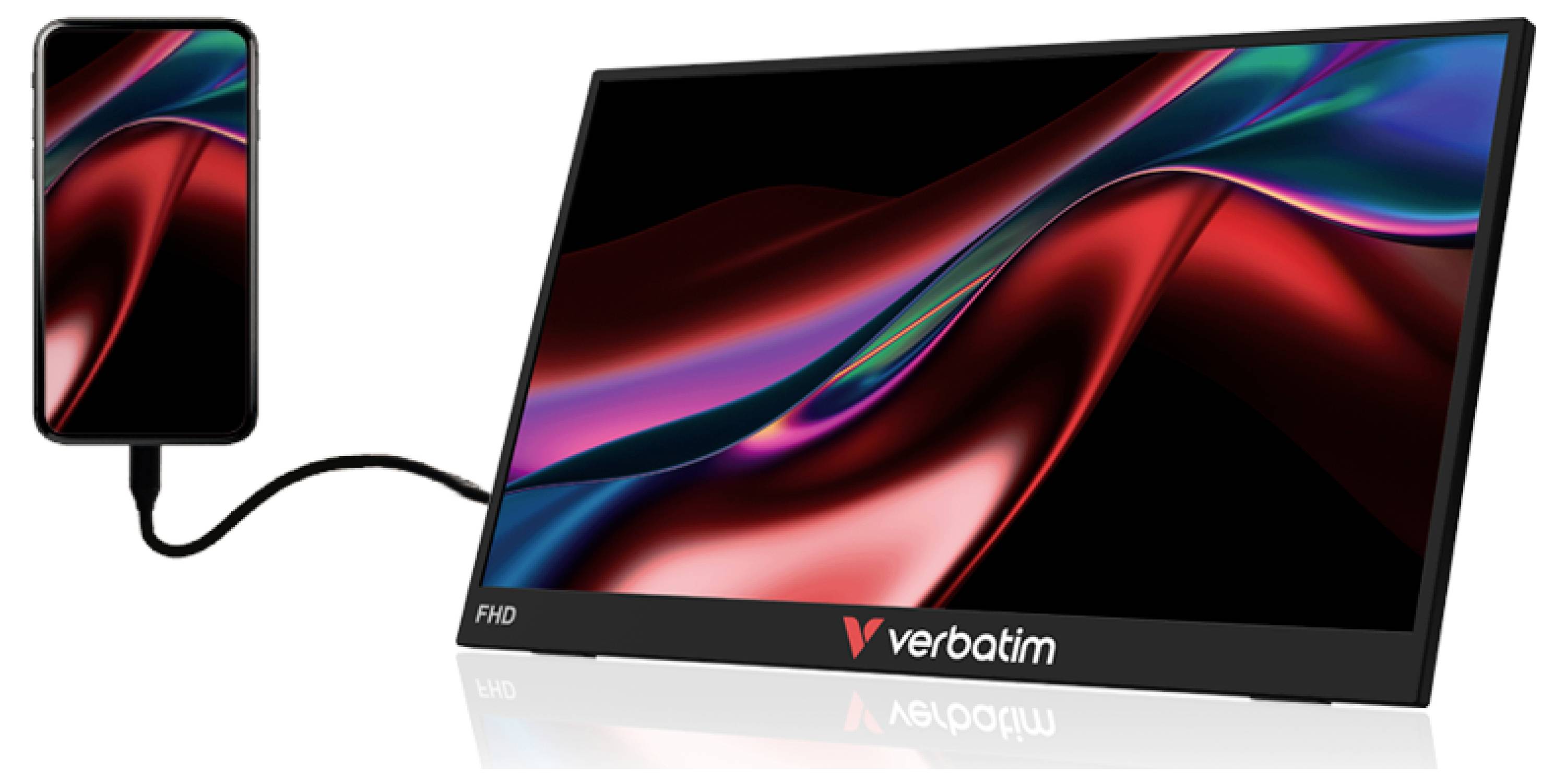 Smartphone verbonden via kabel met een draagbaar Verbatim FHD-display, waarop het scherm van de telefoon is gespiegeld op de grotere monitor.