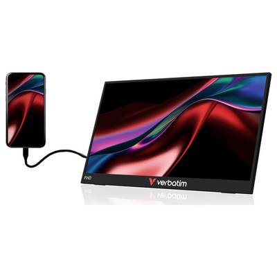 Smartphone verbonden via kabel met een draagbaar Verbatim FHD-display, waarop het scherm van de telefoon is gespiegeld op de grotere monitor.