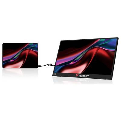 Twee verbonden beeldschermen: een klein tablet aan de linkerkant en een groter Verbatim FHD-monitor aan de rechterkant, beide weergeven abstracte rode, zwarte en blauwe golven.