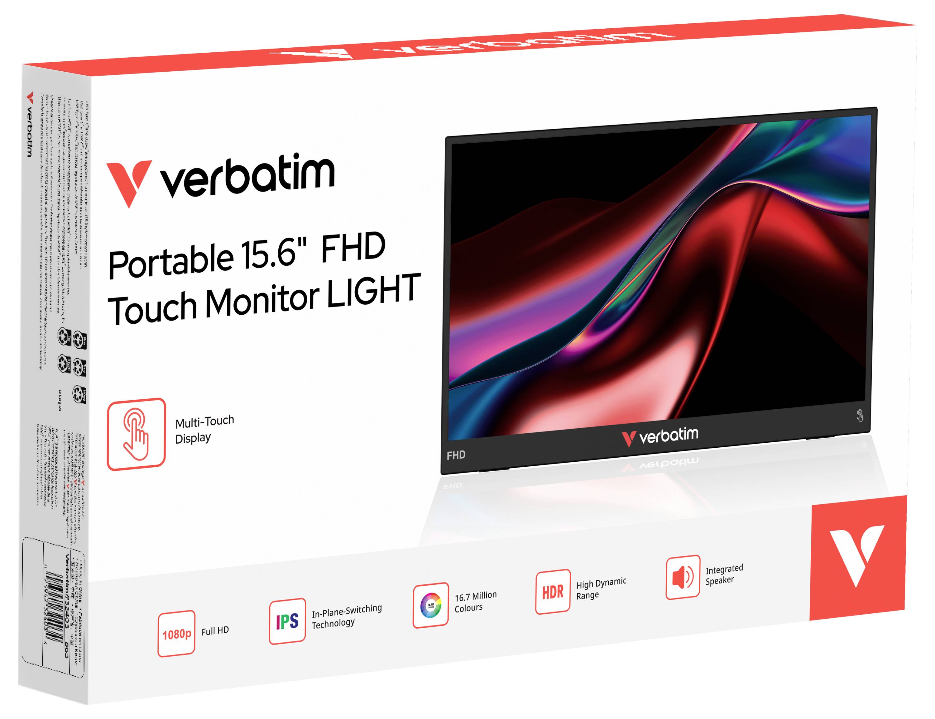 Verbatim Portable 15.6-inch FHD Touch Monitor LIGHT verpakking met een aanraakscherm, 1080p FHD, IPS, HDR en geïntegreerde sprekerikonen.