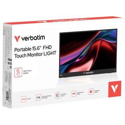 Verbatim Portable 15.6-inch FHD Touch Monitor LIGHT verpakking met een aanraakscherm, 1080p FHD, IPS, HDR en geïntegreerde sprekerikonen.