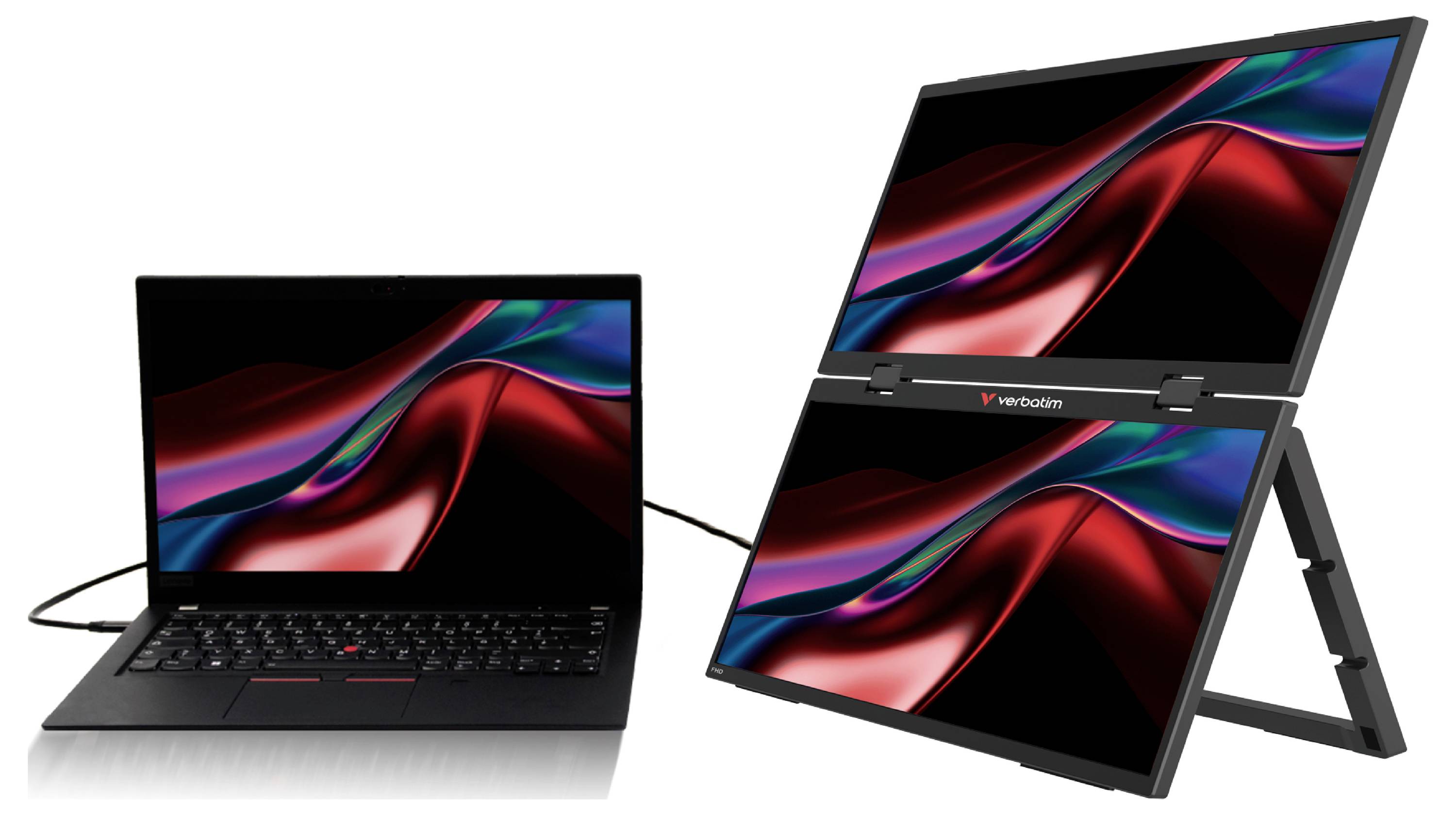 Laptop verbonden met een draagbare monitor-opstelling met twee schermen, waarbij dezelfde kleurrijke abstracte achtergrond op twee gestapelde displays wordt weergegeven.