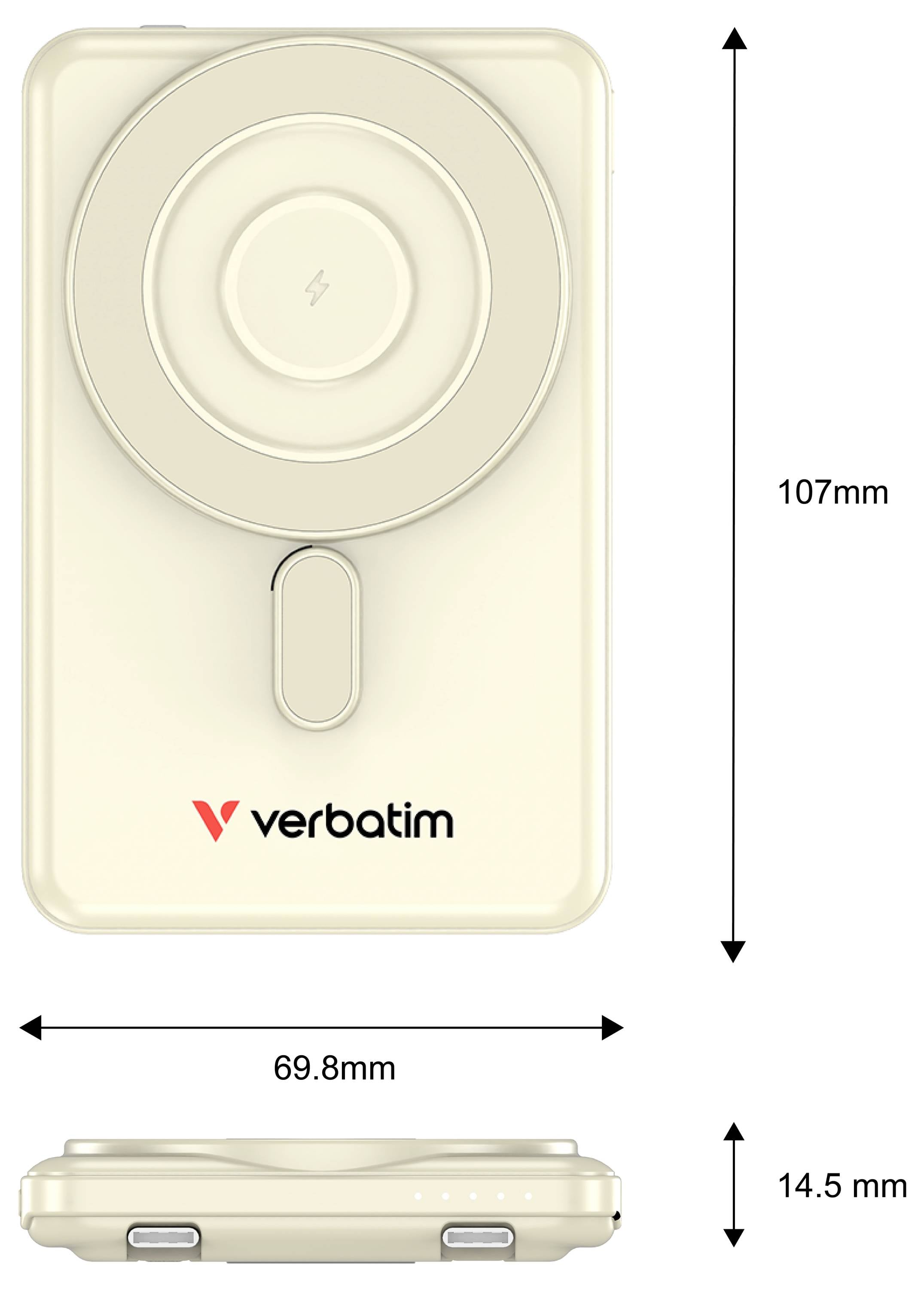 Productdiagram van een Verbatim draadloze oplader, met voor- en zijkanten met afmetingen van 107 mm hoog, 69,8 mm breed en 14,5 mm dik.